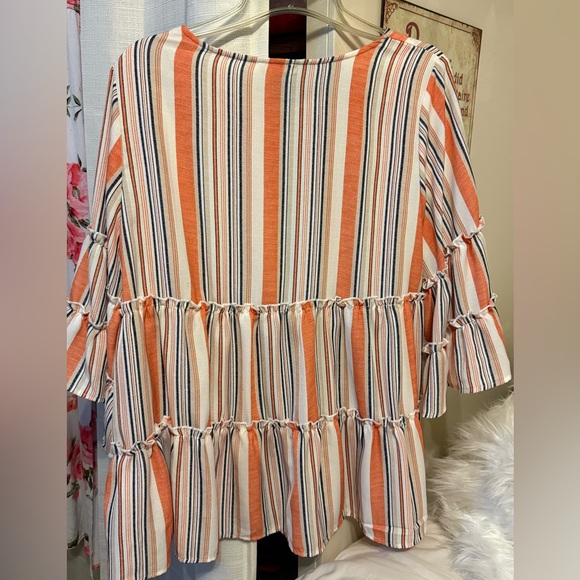 ODDY Orange and White Striped Women's Blouse Bell Sleeves Large Flowy Beautiful - Picture 7 of 7